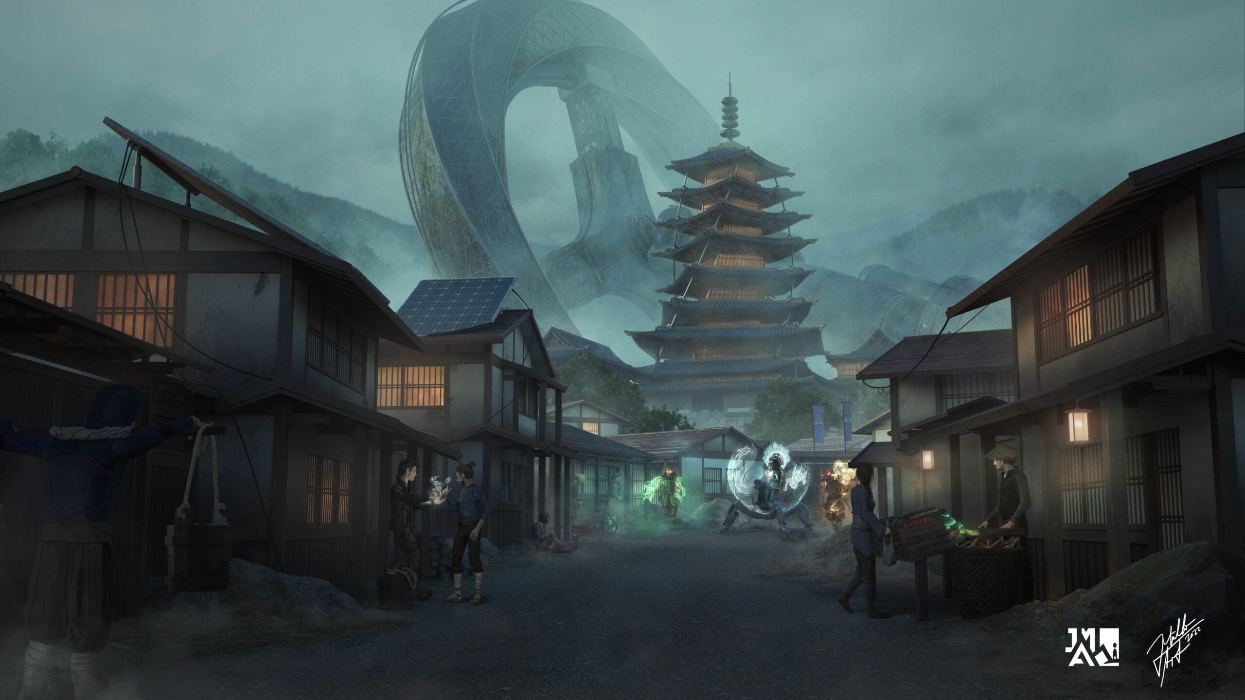 concept art styleframe showing a sifi scene of the AI emperor walking in a procession through the village bellow the palace