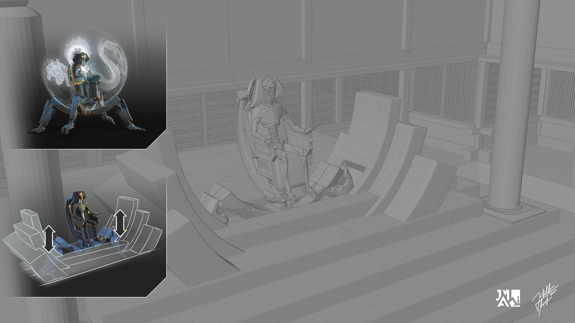 function and 3D model for the styleframe showing a sifi scene in which a robotic emperor gives a audience