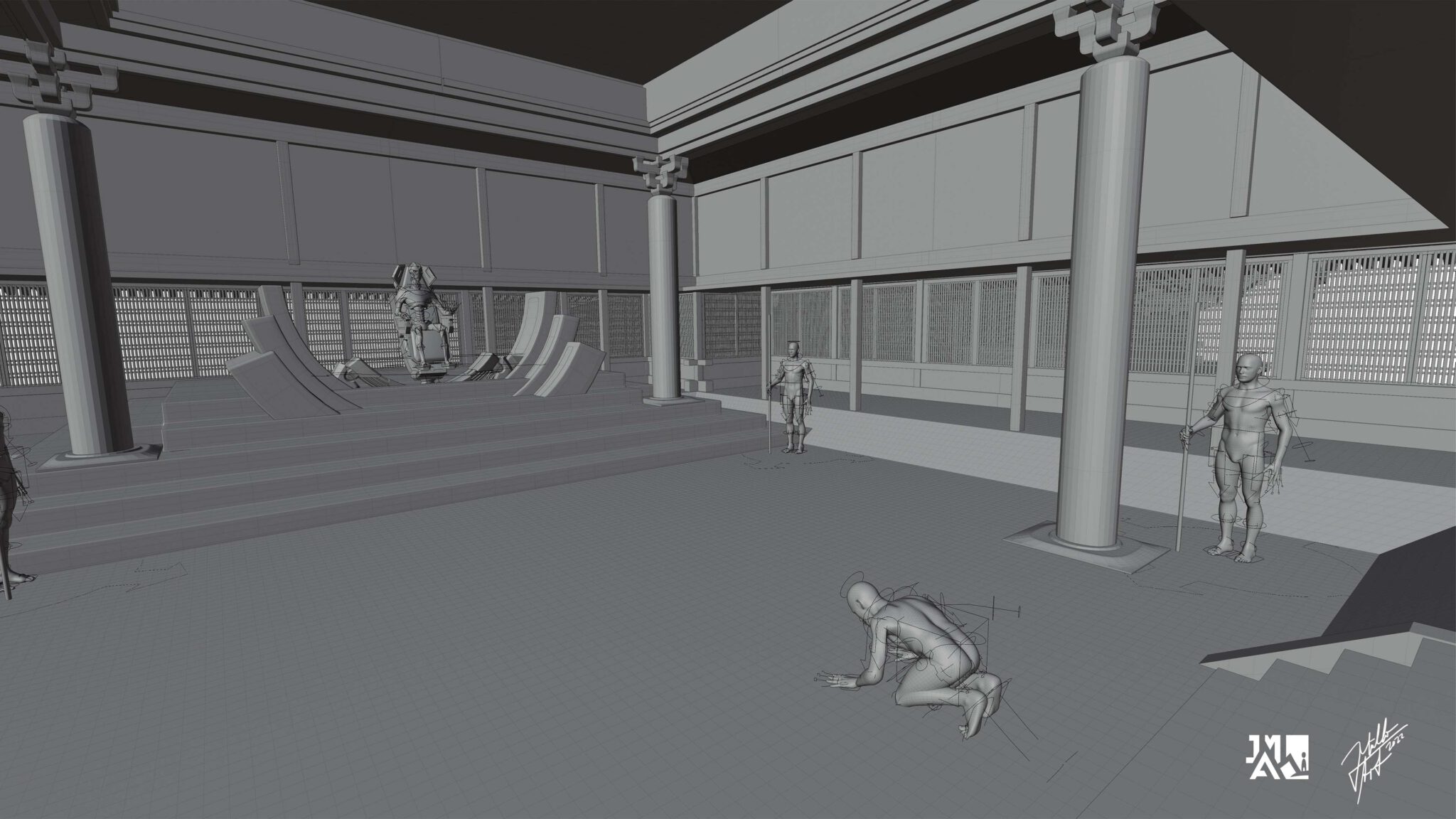 3D layout for the concept art styleframe showing a sifi scene in which a robotic emperor gives a audience